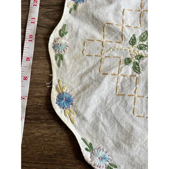 Antique Rainbow Floral Embroidery Table Runner 16" x 39" White Cotton AS IS - Picture 7 of 14